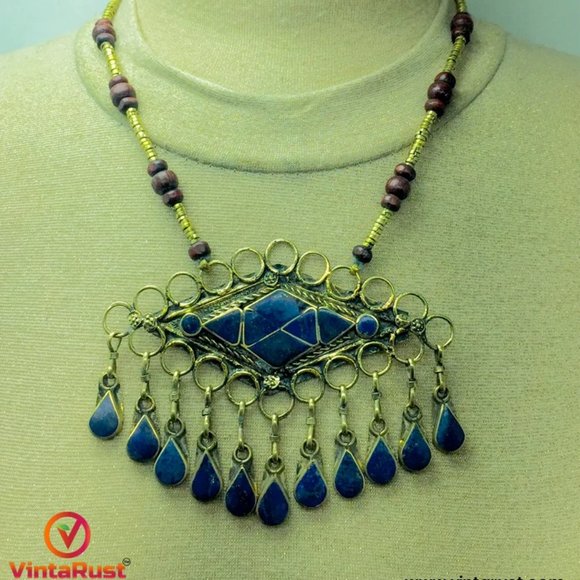 Lapis Lazuli Pendant Necklace With Beaded Chain, Handmade Beaded Chain Necklace, - Picture 4 of 12